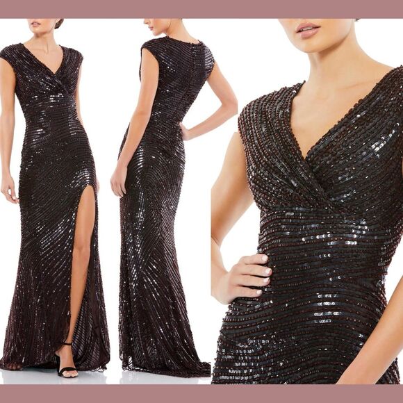 NWT $598 Mac Duggal‎ [ 8 ] V Neck Cap Sleeve Sequined Evening Gown Brown #G1631 - Picture 1 of 16